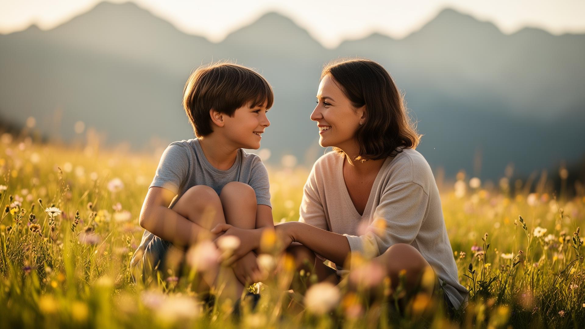 Mutter und Kind in echter Verbindung auf einer Sommerwiese